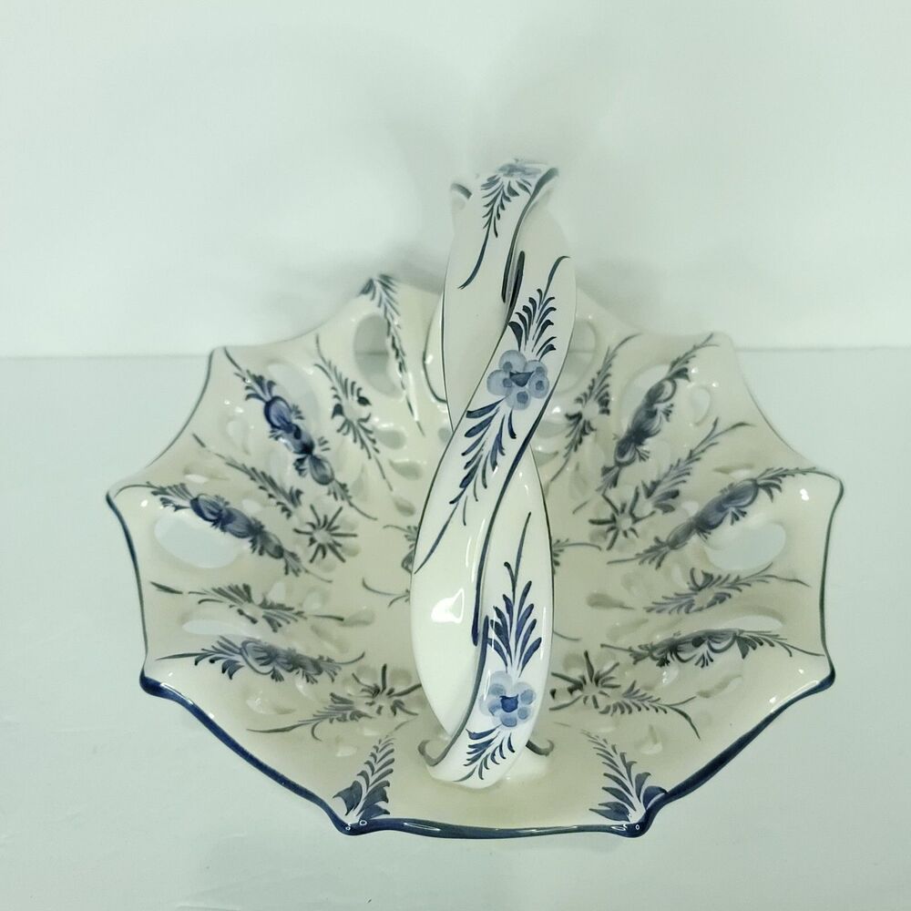 RCCL Hand Painted Braided Handle Basket Ceramic Blue Flower Bowl Portugal